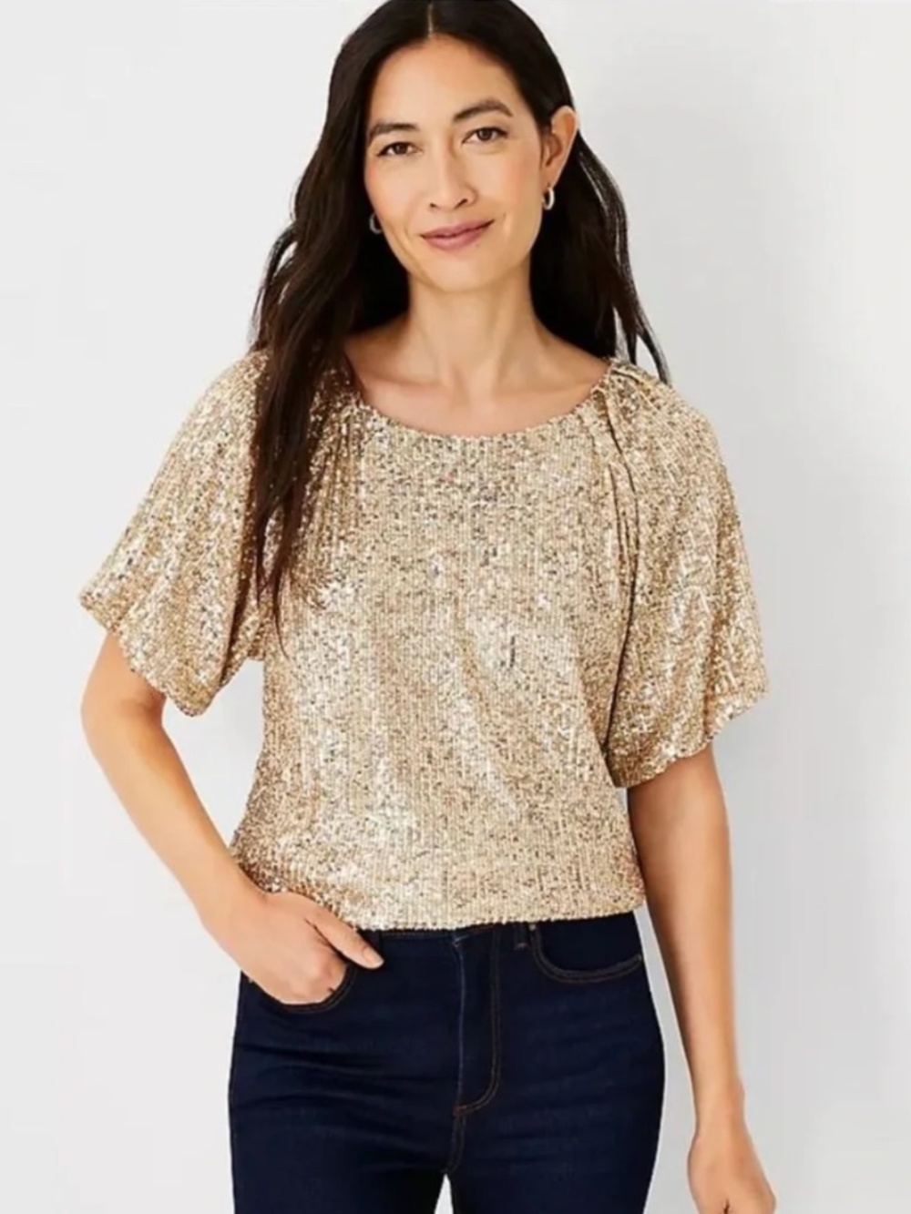 NWT Ann Taylor Gold Sequin Raglan Short Sleeve Top Blouse Size Small